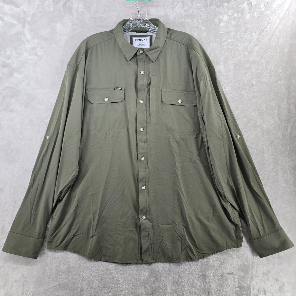 Poncho Outdoors Western Shirt Mens XL Green Magnetic Pockets Long Sleeve Hiking
